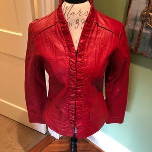 Boutique Red Distressed Leather Bomber Jacket